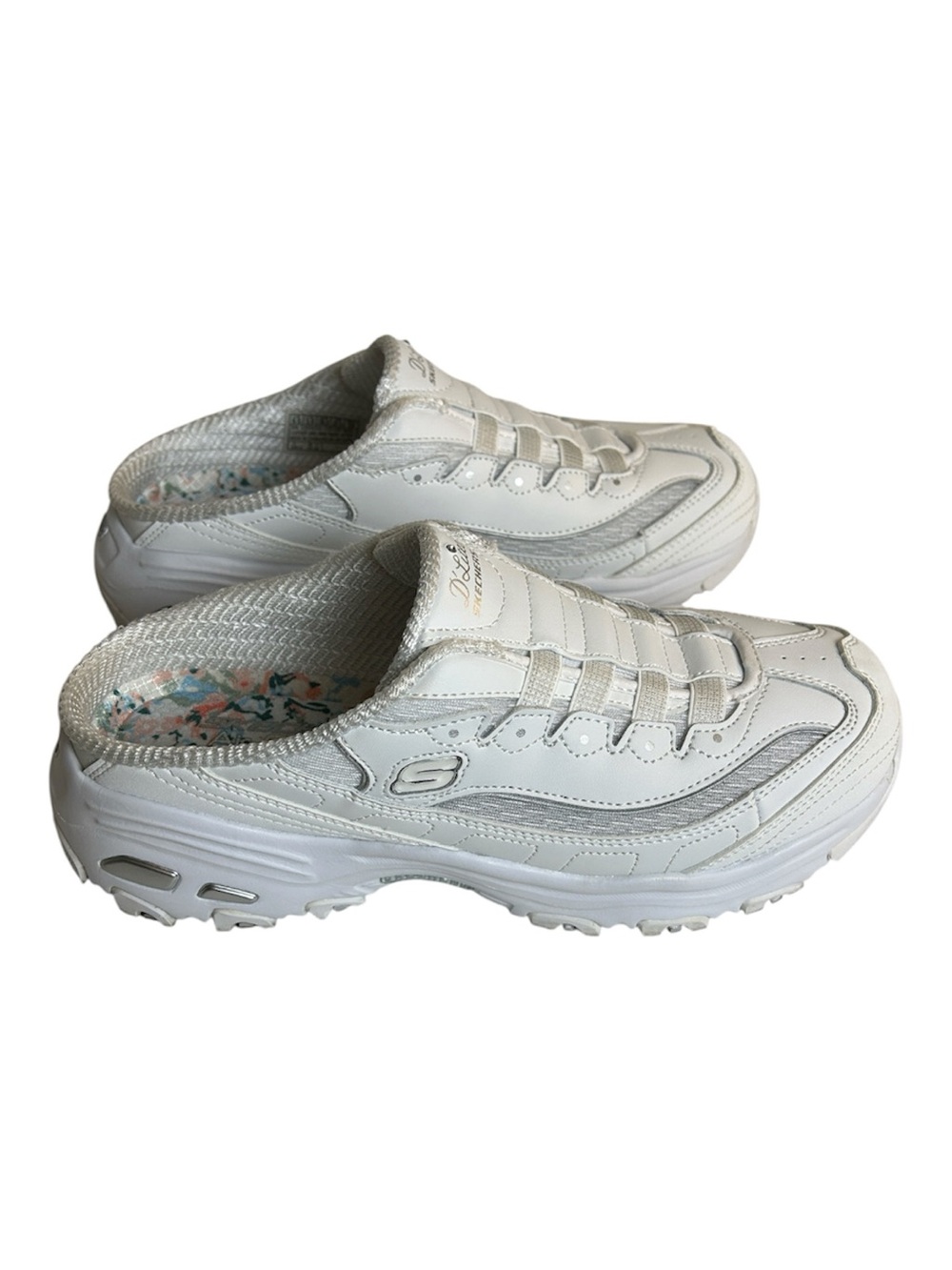 Skechers D’Lites Silver & White Memory Foam Slip On Mules Sneakers Size 7